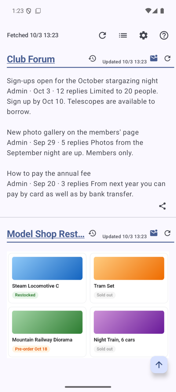 Web Checker screen: Club forum announcements in the morning results (a fictional club)