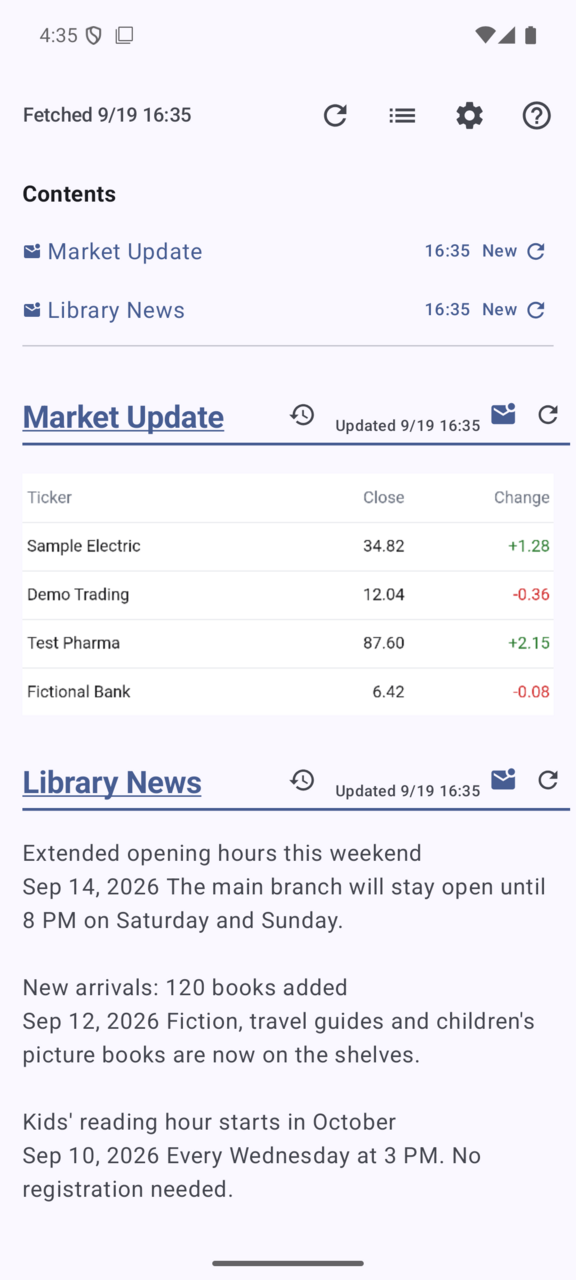 Web Checker screen: The morning results with local library news